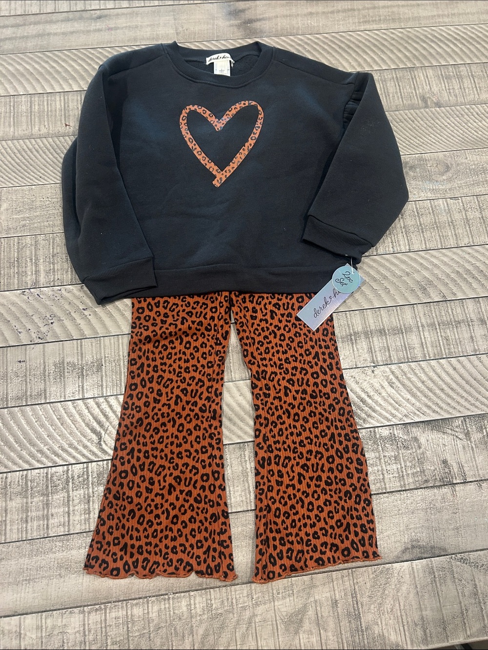 Derek Heart Black Sweatshirt with Rust Leopard Heart & Rust Leopard Flare Pants